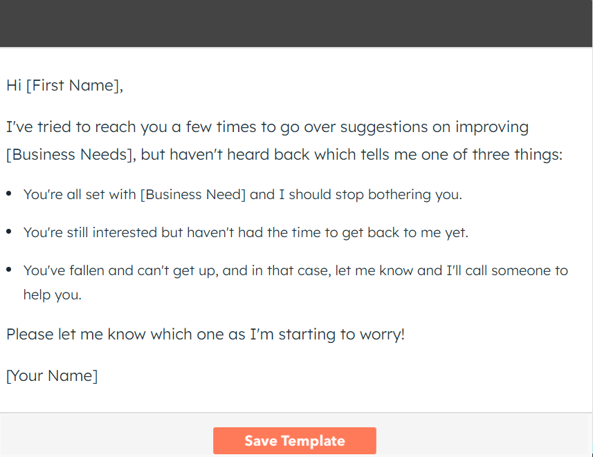 Email outreach example when the prospect doesn't respond by Hubspot