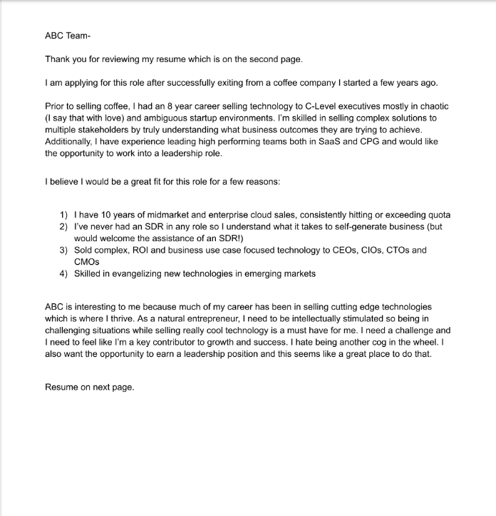 Software sales cover letter example by Zach F. on LinkedIn