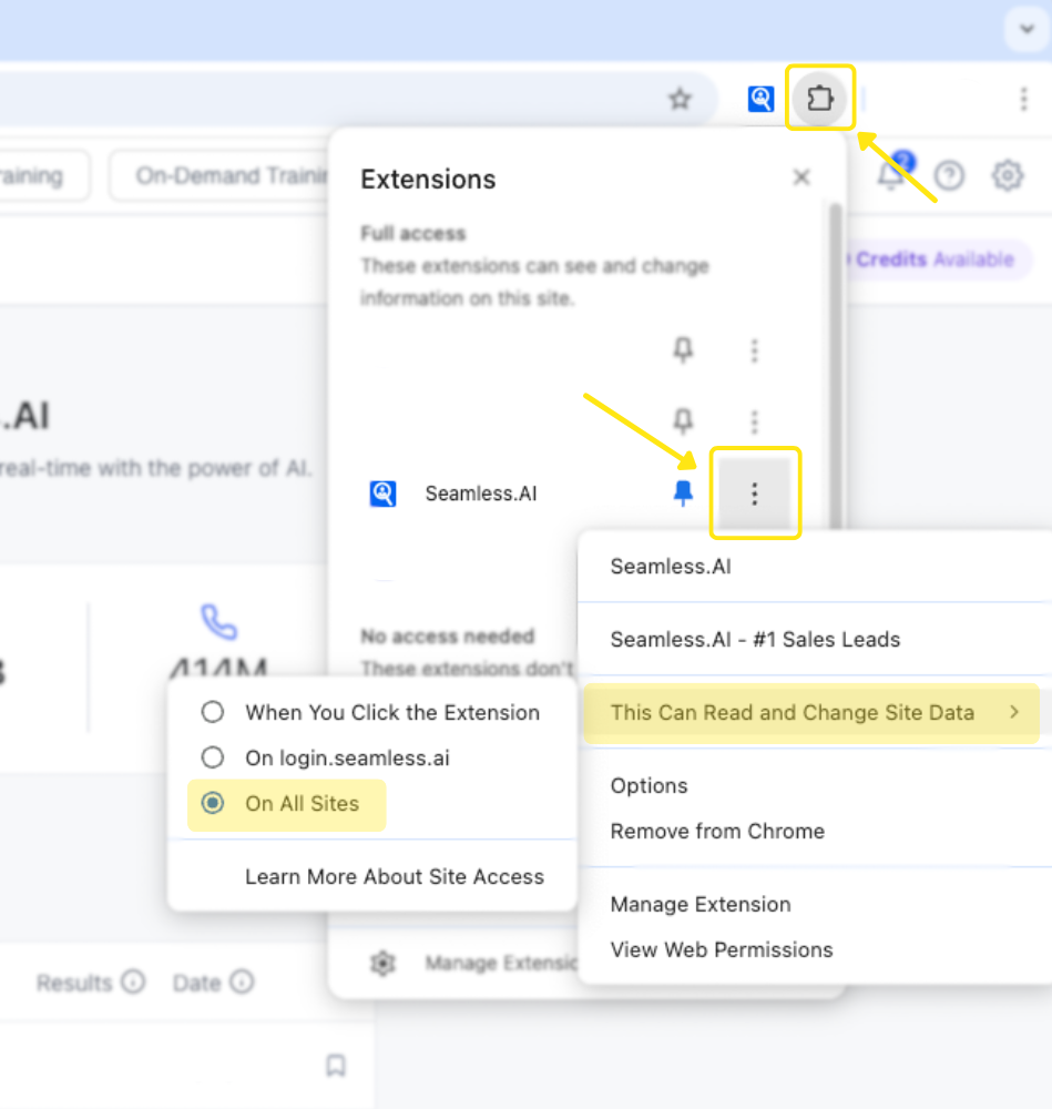 Set up your Chrome Extension up for success but ensuring you have allowed proper access to necessary settings 