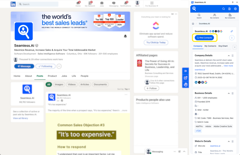Find contacts at a company using the Seamless.AI Chrome Extension on a company profile LinkedIn Page